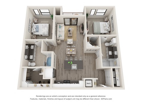Floor plan for 2 beds, 2 baths, 1096 sqft